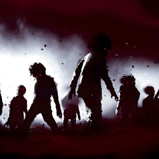 a group of zombies standing in the dark Halloween Zombie Gunship Flatbush Zombies Album Cover, Slipknot All Hope Is Gone Album Cover, Korn Debut Album Cover, black