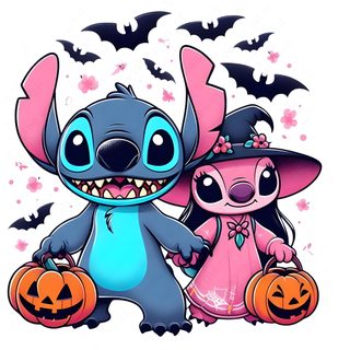 two cartoon characters are standing next to each other with bats and pumpkins on the ground Halloween Stitch And Angel Stitch Halloween, Cute Stitch And Angel Halloween, gainsboro