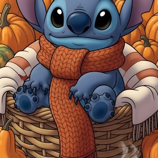a cartoon character sitting on top of a basket filled with pumpkins and coffee cup Cute Stitch Halloween Aesthetic Cute Fall Stitch, Stitch Fall, Stitch Fall Iphone, sienna