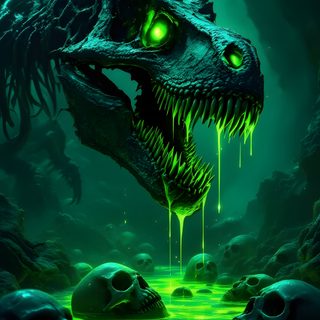 an image of a dinosaur with glowing eyes and teeth in the water by some rocks Halloween Dinosaur Hd Dinosaur Skull Background, Scary Dinosaur, Cool T-rex, T-rex 4k, dark green