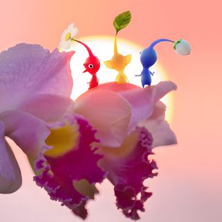 three little figurines sitting on top of a pink flower with the sun in the background Pikmin Halloween Pikmin Life, Pikmin Bloom, Pikmin 4, Pikmin Laptop, Pikmin Screensaver, Pikmin, burlywood