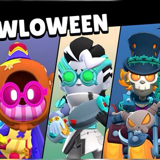 an image of some cartoon characters with different costumes and hair colors, all in the same style Brawl Stars Halloween dim gray