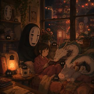 a person sitting on a couch in front of a window with an anime mask over their head Ghibli Halloween black