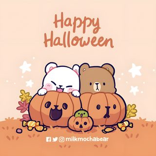 two teddy bears sitting on top of pumpkins with the words happy halloween written above them Milk And Mocha Halloween Milk And Mocha Thanksgiving, Mocha And Milk Bear Matching Pfp Halloween, Milk And Mocha Matching Icons Halloween, blanched almond