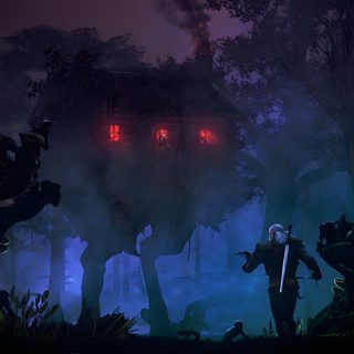 two people standing in front of a creepy house with red lights on their eyes and hands Witcher Geralt Halloween Baba Yaga Witcher, Baba Yaga Blood, Baba Yaga Movie, Baba Yaga Lair Concept, black