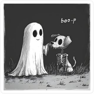 a drawing of a skeleton and a dog in front of a large ghost with the word boo - p written on it Halloween Dog Ghost Dog And Ghost, Cute Dog Ghost Drawing, How To Draw Ghost Dog, dark slate gray