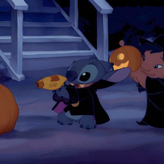 two cartoon characters dressed as witches and one is holding a jack - o'- lantern Disney Halloween Pc Stitch Halloween Pfp, Lilo Halloween, Stitch Gif Pfp, dark slate gray