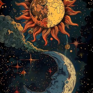 the sun and moon are in the sky with stars above them, as well as clouds Halloween Sun Pattern Backgrounds Phone, For Samsung Tablet, Backgrounds Aesthetic Vintage, black