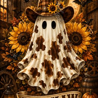 a painting of a halloween ghost with sunflowers and pumpkins in the background Western Halloween maroon