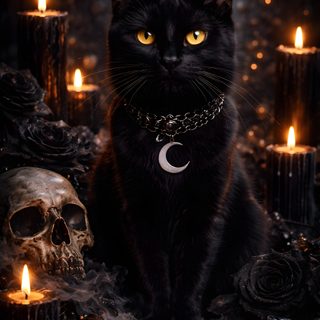 a black cat sitting in front of candles with a crescent moon on it's collar Halloween Halloween Black Cat Halloween Cat Iphone, Black Cat Aesthetic, Black Cat Witch,