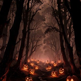 halloween pumpkins are lit up in the dark forest with trees and lights on them Halloween Woods Halloween, Image Halloween, Halloween Iphone Backgrounds, Halloween Backgrounds, black