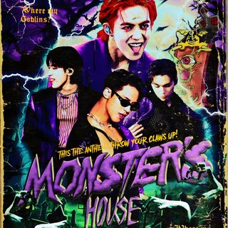 a poster for the movie monsters house, featuring two men and one woman in front of a Seventeen Halloween Hoshi Poster, Seventeen Concert Poster, Seventeen Halloween, dark slate gray