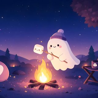 a cartoon ghost is roasting marshmallows over a campfire at night Cute Ghost Halloween Desktop midnight blue