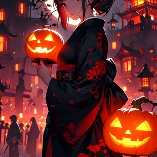 a woman holding two pumpkins in front of a full moon with bats flying around her Japanese Halloween Halloween Anime Iphone, Goth, Anime Halloween Anime, Halloween Anime 4k, maroon