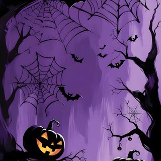 two jack o lantern pumpkins sitting in the middle of a forest filled with bats Purple And Black Halloween Halloween Color Palette, Holiday Iphone, Image Halloween, dark slate blue
