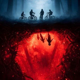 three people riding bikes in the woods at night with red light coming from their eyes Stranger Things Halloween Stranger Things Background Hd, Stranger Things Upside Down, Stranger Things Watch Face, black