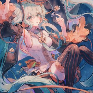 an anime character with long hair holding a pumpkin Halloween Miku Hatsune Miku Halloween, Hatsune Miku Fall, Halloween Hatsune Miku, Halloween Miku, dim gray