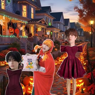 three children dressed up in halloween costumes on a street with pumpkins and jack - o'- lanterns Kpop Halloween saddle brown