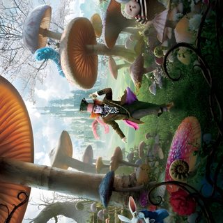 an image of many different people in the forest with mushrooms and flowers on them, all surrounded by trees Halloween Alice Custom Alice In Wonderland 4k, Alice In Wonderland Image, Wonderland 4k, dark olive green