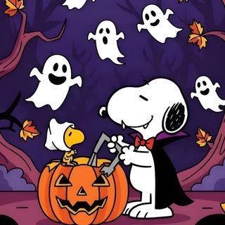 snoop and his friends are in the woods with pumpkins, ghost's and jack - o - lanterns Snoopy Halloween 4k Snoopy Halloween Cover Photo, Halloween Tablet, Snoopy Halloween Background Computer, dark slate gray