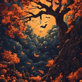 a painting of a tree in the middle of a forest with bats flying over it Halloween Tree Creepy Fall Backgrounds, Scary Fall Background, Scary Fall, Spooky Autumn, dark slate gray