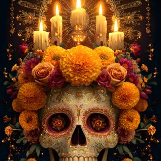 a skull with flowers and candles on its head Mexican Halloween Fond D Ecran, Santa Muerte, Dia De Los Muertos Background, black