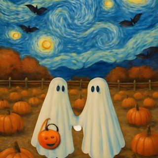 two ghost - like figures with pumpkins in front of a starry night sky Matching Halloween For 2 Couple Halloween Backgrounds, Couples Halloween, Van Gogh Starry Night Halloween, dim gray
