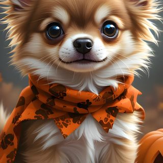 a small dog wearing an orange scarf and pumpkins sits in front of the camera Halloween Chihuahua Cute Chihuahua, Chihuahua Halloween Background, Cute, Cute Halloween Puppy, dim gray
