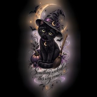 a black cat wearing a witches hat and holding a broom with the moon behind it Desktop Black Cat Halloween black