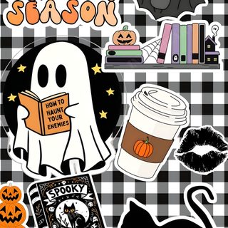 halloween stickers are arranged on a black and white checkered tablecloth Halloween Kindle Kindle Insert Background, Easter Kindle Insert, Horror Themed Kindle Lockscreen, gray