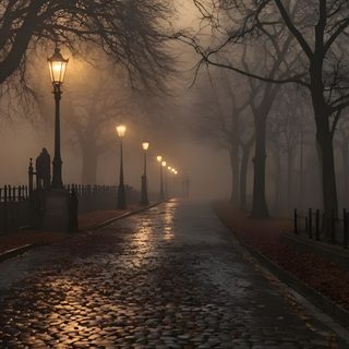 a foggy street at night with lights on and trees lining the sidewalk in the foreground Halloween Road Dark Vintage Aesthetic, Haunting Aesthetic, Foggy Park Path With Street Lamps, dark slate gray