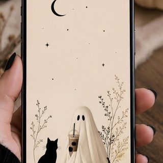 a person holding up an iphone case with a ghost and black cat on the cover Modern Smartphone With Halloween Minimalist Halloween, Halloween Magic, Whimsical Halloween, wheat