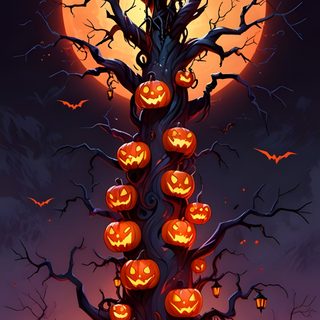 a halloween tree with pumpkins on it in front of a full moon Halloween Tree Jack O Lantern Phone, Halloween Pumpkin Tree, Halloween Android, dark slate gray
