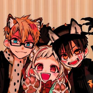 three anime characters sitting next to each other in front of a wall with leaves on it Tbhk Halloween Phone, Lock Screen, Hanako Kun Iphone, Tbhk Official Art, Phone Backgrounds, dark salmon