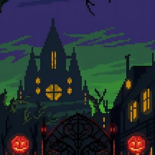 an image of a halloween scene with pumpkins in front of a gate at night Halloween Pixel Art Pixel Fall Background, Pixel Fall, Graveyard Pixel Art, dark slate gray