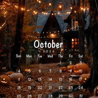 a calendar with pumpkins on the ground and lights strung from trees in front of it October 2025 Calendar Halloween black