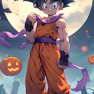 a young gohan standing in front of a full moon with pumpkins around him Halloween Goku Anime Character Spooky Theme, Anime-themed Halloween Decorations, Dragon Ball Character In Halloween Setting, dim gray