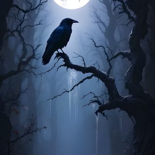 a black bird sitting on top of a tree branch in front of a full moon Halloween Raven Raven And Full Moon, Ravens And Moons, Raven And Moon, Night Forest Raven, dark slate gray