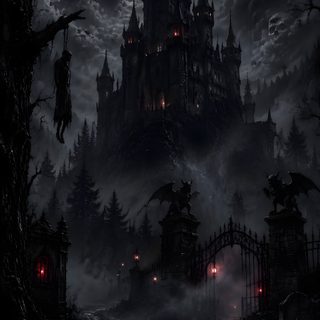 a creepy castle in the middle of a forest at night Halloween For Bedroom Dark Fantasy Aesthetic, Halloween, Glow Pumpkin, Backgrounds Desktop, Design, black