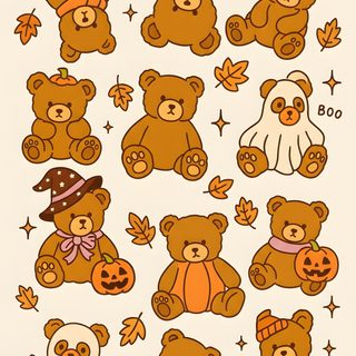a bunch of teddy bears with pumpkins and stars around them on a white background Teddy Bear Halloween Halloween Cute Art, Cute Bear Halloween, Fall Teddy Bear Drawing, antique white