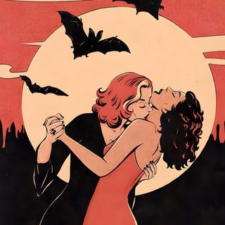 a man and woman kissing in front of a full moon with bats flying over them Sapphic Halloween Vintage Lesbian, Art Noir, Lesbian Art, Dancing In The Dark, Queer Art, indian red