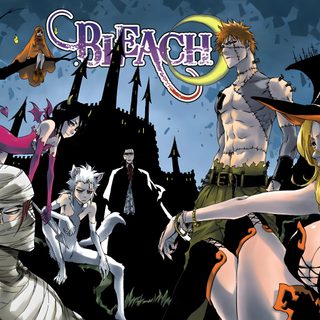 an image of a group of people in halloween costumes with bats and witches around them Bleach Halloween Ichigo Halloween, Bleach Bambis, Bleach Pumpkin, Bleach Art Spreads, dark slate gray