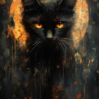 a painting of a black cat with yellow eyes and an orange circle in the background Halloween Fiery Felines-black Custom Color On Black Background, Black Cat Halloween, Black Cat Art,