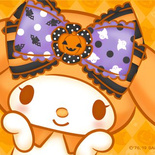 an animal with a purple bow on it's head is standing in front of a checkered background My Melody Halloween Hello Kitty Halloween Header, Sanrio Fall Desktop, My Melody Fall, sandy brown