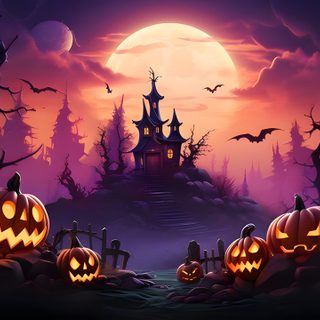 halloween pumpkins in front of a full moon and castle with bats flying over it Halloween For Teams Halloween Decoration Ideas, Halloween Haunted House With Pumpkins, Pumpkin Patch With Full Moon, dark slate gray