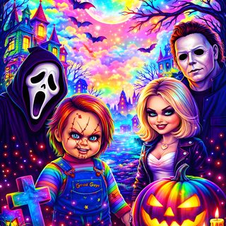 the family is dressed up for halloween in front of a full moon and graveyard scene Lisa Frank Halloween Halloween Cartoon Characters, Lisa Frank Backgrounds, Chicago Bears, dark slate blue