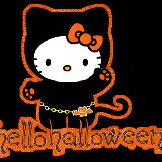an image of a hello kitty with chains on it's neck and the word hello kitty written in orange Cute Hello Kitty Halloween Gif Hello Kitty And Friends Halloween Gif, Halloween Hello Kitty Gif, Fall Hello Kitty Gif, black