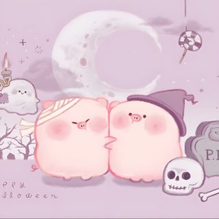 two pigs kissing each other in front of a full moon and graveyard with skulls on the ground Halloween Pig Cute Halloween Pig, Halloween Pig, Pig Mochi, Cute Pig Art Kawaii, thistle