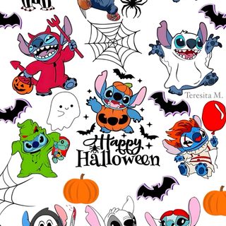 halloween stickers with cartoon characters and pumpkins on the bottom, in various colors Cute Stitch Halloween Stitch Ghostface, Fall Stitch, Lilo Halloween, Spooky Stitch, snow