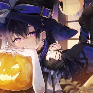 a girl dressed up as a witch holding a pumpkin Anime Halloween Desktop Halloween Background Vtuber, Anime Halloween Desktop, Anime Halloween Scene, dim gray